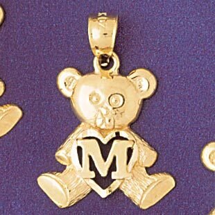 Initial M Teddy Bear Pendant Necklace Charm Bracelet in Yellow, White or Rose Gold 9580m