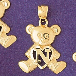 Initial N Teddy Bear Pendant Necklace Charm Bracelet in Yellow, White or Rose Gold 9580n