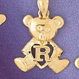 Initial R Teddy Bear Pendant Necklace Charm Bracelet in Yellow, White or Rose Gold 9580r