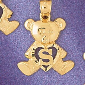 Initial S Teddy Bear Pendant Necklace Charm Bracelet in Yellow, White or Rose Gold 9580s