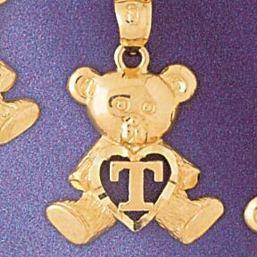Initial T Teddy Bear Pendant Necklace Charm Bracelet in Yellow, White or Rose Gold 9580t