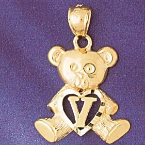 Initial V Teddy Bear Pendant Necklace Charm Bracelet in Yellow, White or Rose Gold 9580v