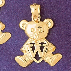 Initial W Teddy Bear Pendant Necklace Charm Bracelet in Yellow, White or Rose Gold 9580w