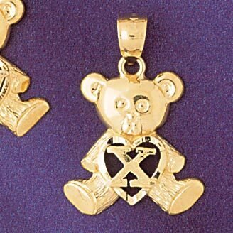 Initial X Teddy Bear Pendant Necklace Charm Bracelet in Yellow, White or Rose Gold 9580x
