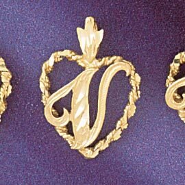Initial V Heart Pendant Necklace Charm Bracelet in Yellow, White or Rose Gold 9581v