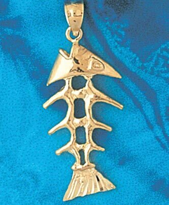 Fish Skeleton 3 Dimensional Pendant Necklace Charm Bracelet in Yellow, White or Rose Gold 1412