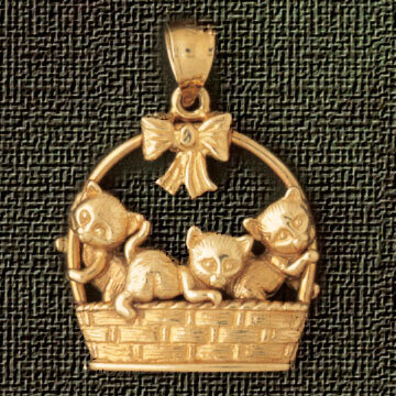 Cat Kitten in Basket Pendant Necklace Charm Bracelet in Yellow, White or Rose Gold 1980