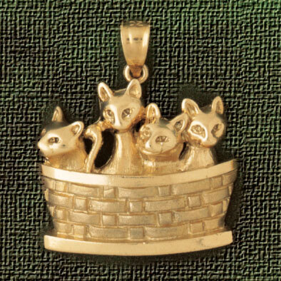 Cat Kitten in Basket Pendant Necklace Charm Bracelet in Yellow, White or Rose Gold 1981