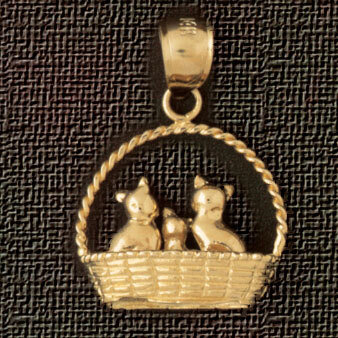 Cat Kitten in Basket Pendant Necklace Charm Bracelet in Yellow, White or Rose Gold 1984