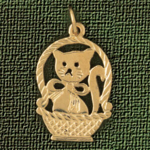 Cat Kitten in Basket Pendant Necklace Charm Bracelet in Yellow, White or Rose Gold 1987