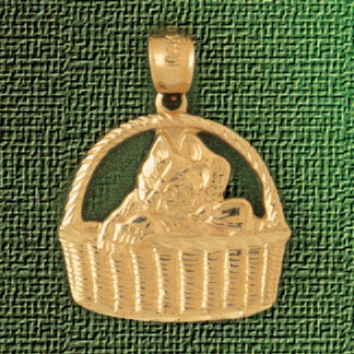 Cat Kitten in Basket Pendant Necklace Charm Bracelet in Yellow, White or Rose Gold 1988