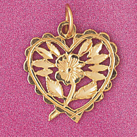 Flower in Heart Pendant Necklace Charm Bracelet in Yellow, White or Rose Gold 3832