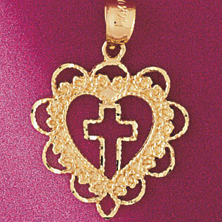 Cross in Heart Pendant Necklace Charm Bracelet in Yellow, White or Rose Gold 3850