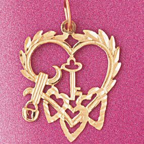 Triple Heart and Key Lock Pendant Necklace Charm Bracelet in Yellow, White or Rose Gold 3925