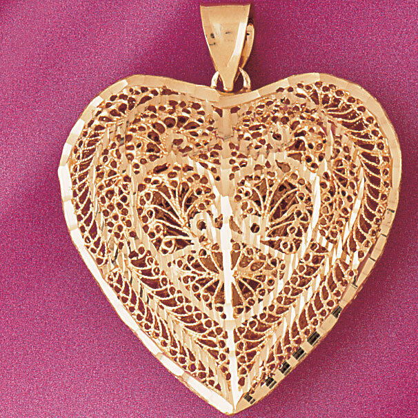 3 Dimensional Filigree Heart Pendant Necklace Charm Bracelet in Yellow, White or Rose Gold 3723