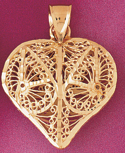 3 Dimensional Filigree Heart Pendant Necklace Charm Bracelet in Yellow, White or Rose Gold 3725