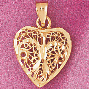 3 Dimensional Filigree Heart Pendant Necklace Charm Bracelet in Yellow, White or Rose Gold 3730