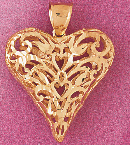 3 Dimensional Filigree Heart Pendant Necklace Charm Bracelet in Yellow, White or Rose Gold 3737