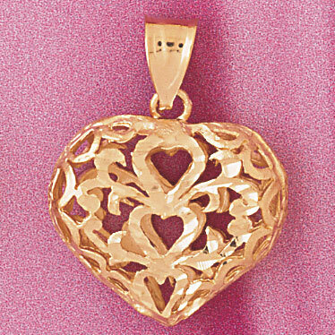3 Dimensional Filigree Heart Pendant Necklace Charm Bracelet in Yellow, White or Rose Gold 3745