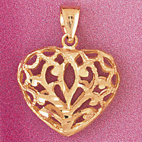 3 Dimensional Filigree Heart Pendant Necklace Charm Bracelet in Yellow, White or Rose Gold 3746