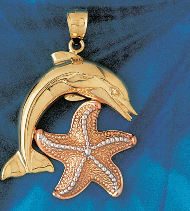 Dolphin Starfish Three Tone Pendant Necklace Charm Bracelet in Yellow, White or Rose Gold 5