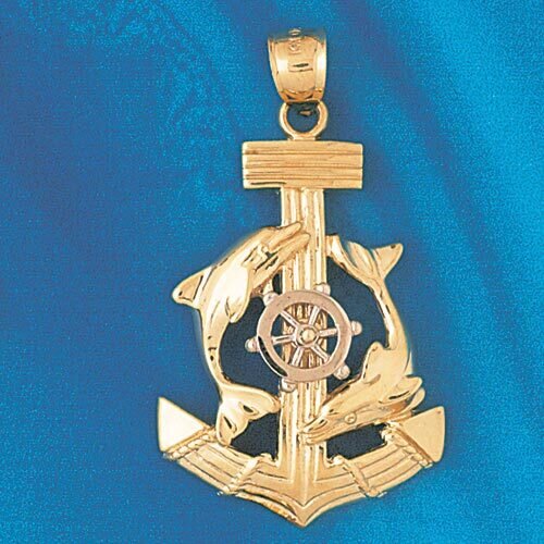 Ship Anchor and Dolphin Two Tone White Pendant Necklace Charm Bracelet in Yellow, White or Rose Gold 193