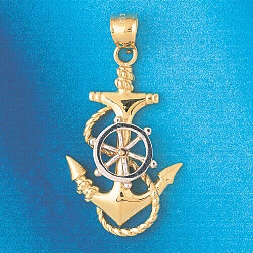 Ship Anchor and Wheel Two Tone White Pendant Necklace Charm Bracelet in Yellow, White or Rose Gold 195