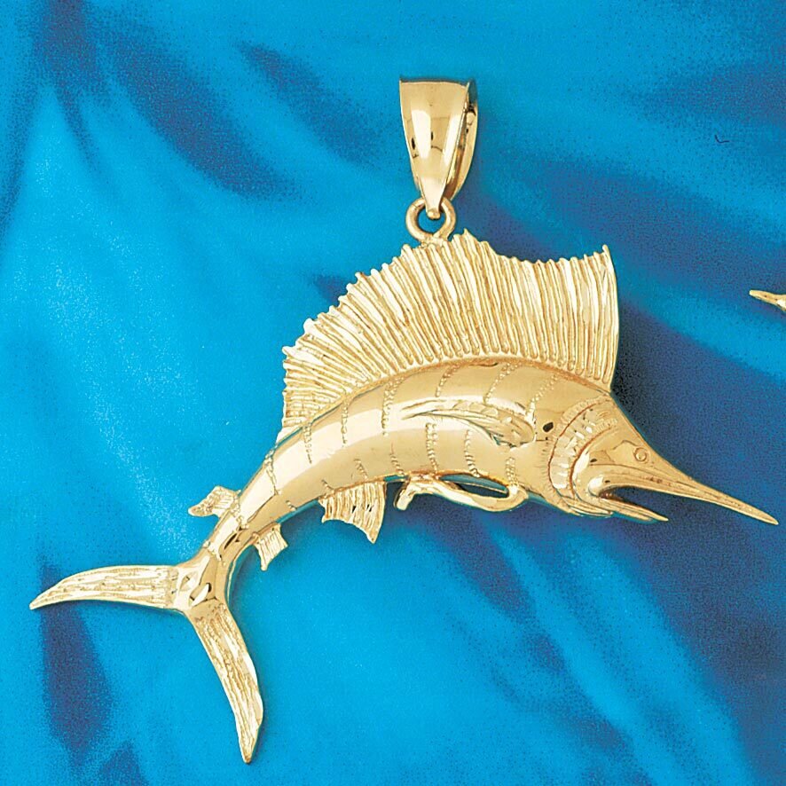 Marlin Sailfish Dimensional Pendant Necklace Charm Bracelet in Yellow, White or Rose Gold 510
