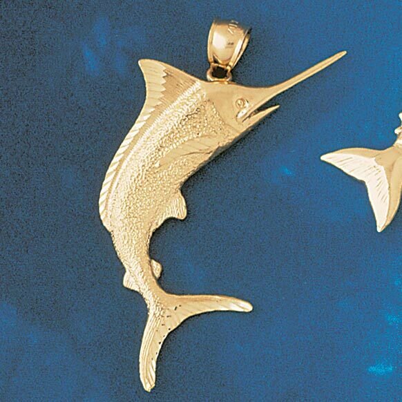 Marlin Trout Fish Dimensional Pendant Necklace Charm Bracelet in Yellow, White or Rose Gold 535