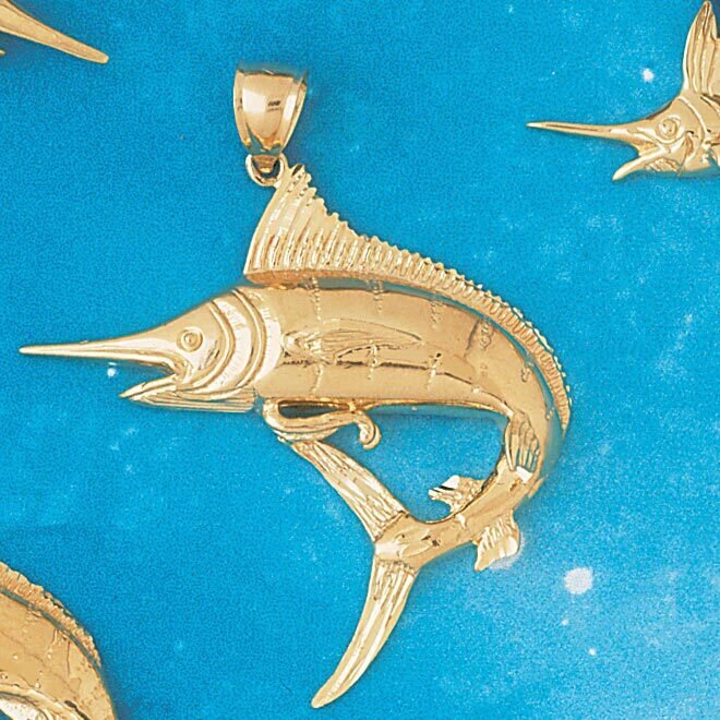 Marlin Trout Fish Pendant Necklace Charm Bracelet in Yellow, White or Rose Gold 541