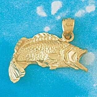 Sea Bass Fish Pendant Necklace Charm Bracelet in Yellow, White or Rose Gold 609