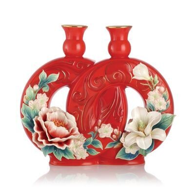 Franz Porcelain A Perfect Pair-Peony and Rieger Begonia Design Sculptured Porcelain Vase FZ03162, M…
