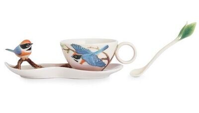 Franz Porcelain Black-Throated Passerine Bird Design Sculptured Porcelain Cup/Saucer/Spoon Set FZ02…