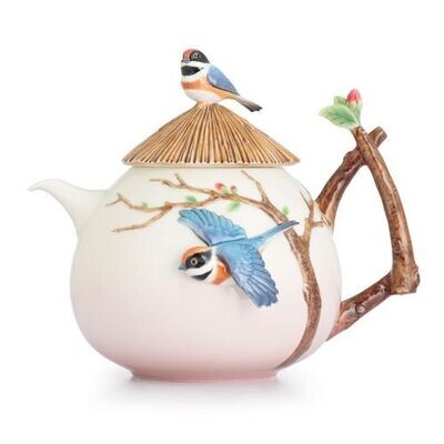 Franz Porcelain Black-Throated Passerine Bird Design Sculptured Porcelain Teapot FZ02745, MPN: FZ02…