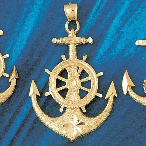 Ship Anchor with Wheel Pendant Necklace Charm Bracelet in Yellow, White or Rose Gold 1092