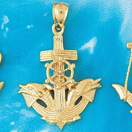 Ship Anchor with Dolphin Pendant Necklace Charm Bracelet in Yellow, White or Rose Gold 1133