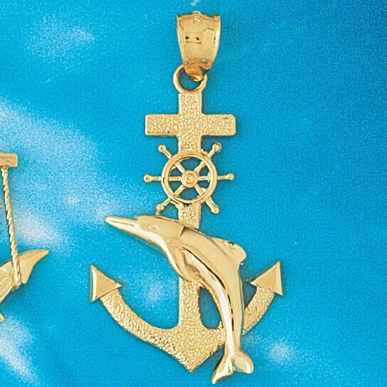 Ship Anchor with Dolphin Pendant Necklace Charm Bracelet in Yellow, White or Rose Gold 1135