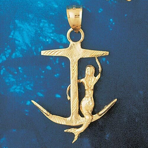 Mermaid on Ship Anchor Dimensional Pendant Necklace Charm Bracelet in Yellow, White or Rose Gold 1378