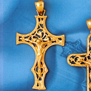 Cross with Jesus Figurine Pendant Necklace Charm Bracelet in Yellow, White or Rose Gold 8372