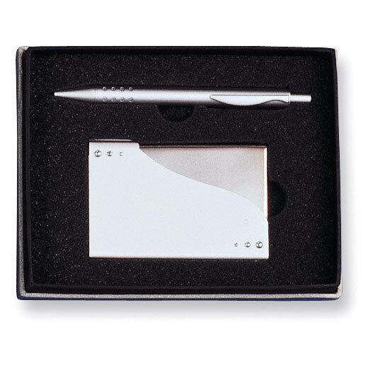 Silver-tone Business Card Case &amp; Pen 2-piece Gift Set GL7986