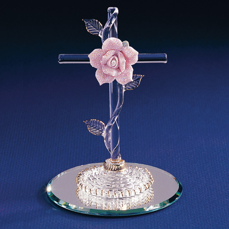 Cross with Pink Rose Glass Figurine GL881