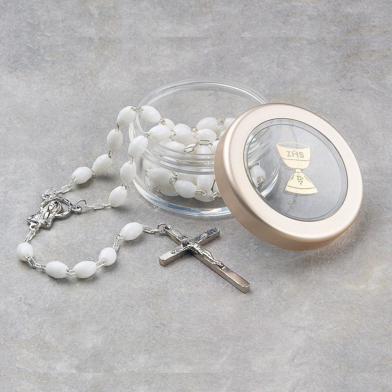 First Communion White Rosary and Clear Box GM914