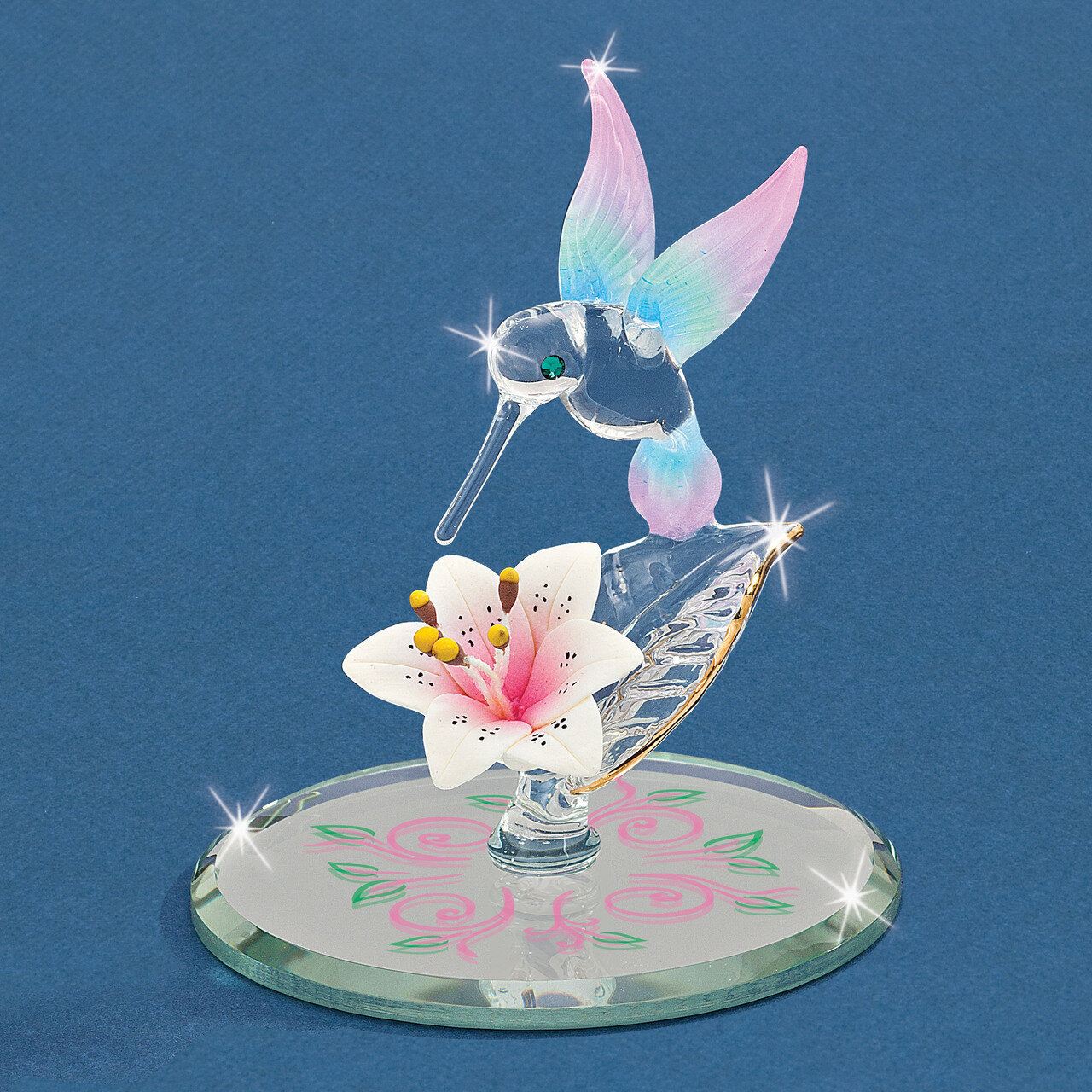 Cotton Candy Hummingbird with Flower Glass Figurine GM9421