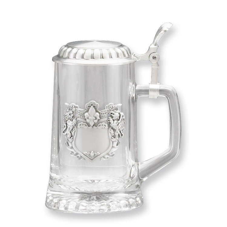 Engravable Pewter Lion Crest Removeable Lid 13.5oz Glass Stein GP6943, MPN: GP6943, 610939061050