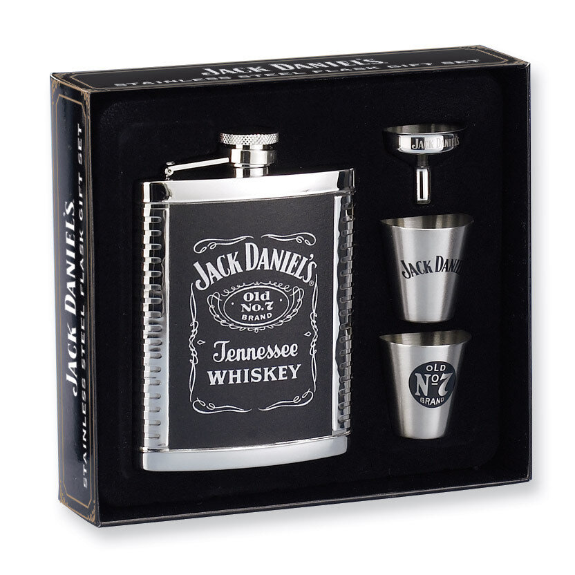 Jack Daniels Leather & Stainless Steel 6oz Cover Flask Gift Set GP6959