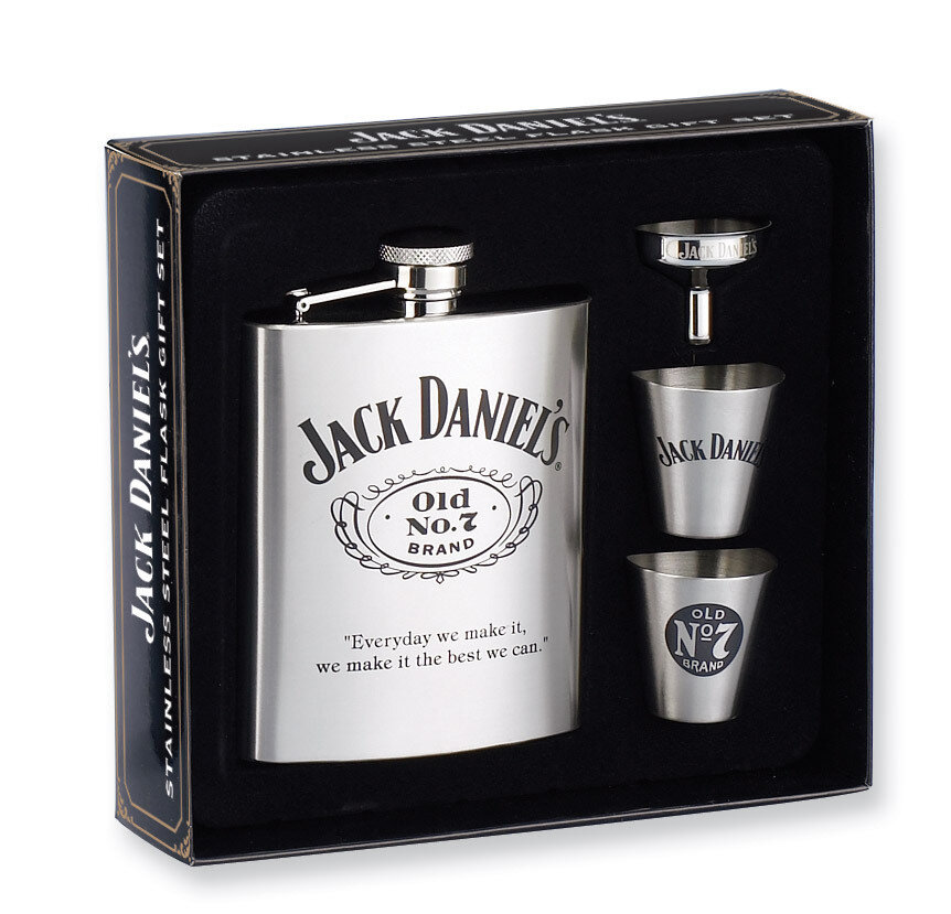 Jack Daniels Stainless Steel 6oz Cover Flask Gift Set GP6961