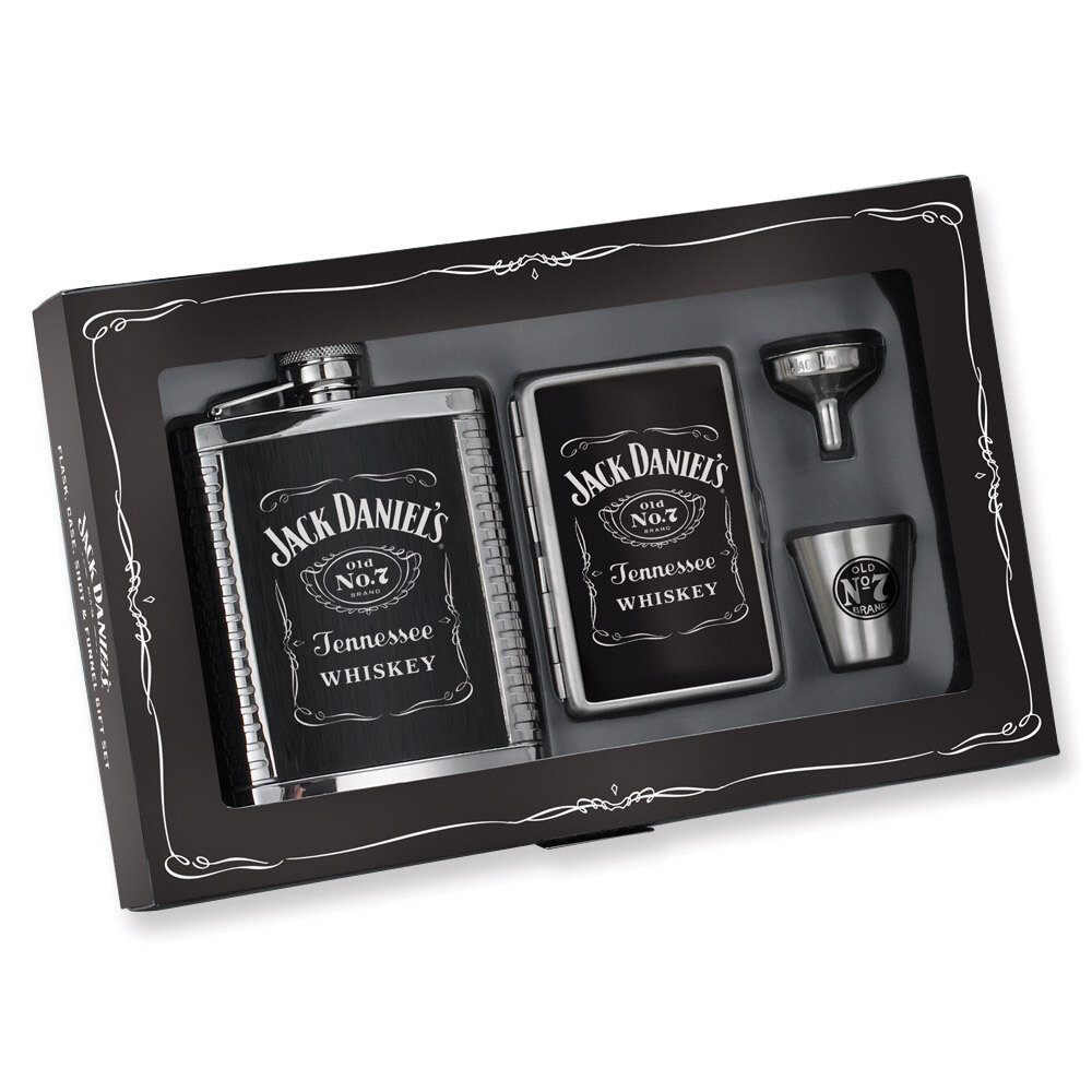 Jack Daniels Leather &amp; Stainless Steel 6oz Cover Flask Gift Set GP6962, MPN: GP6962, 610939084776