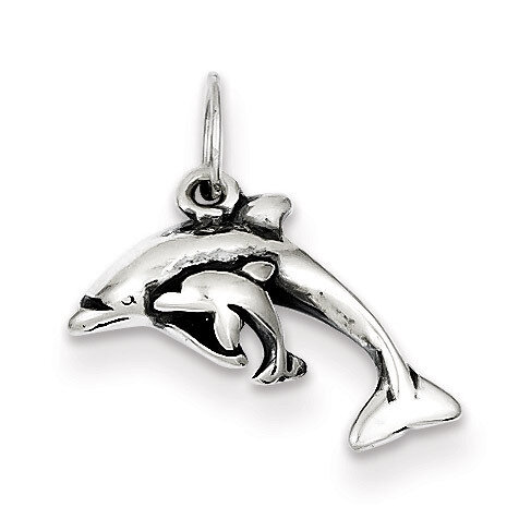 Antiqued Dolphin with Baby Charm Sterling Silver QC6943