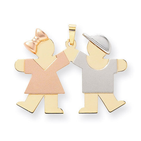 Large Girl on Left &amp; Boy on Right Engravable Charm 14k Tri-Color Gold XK420