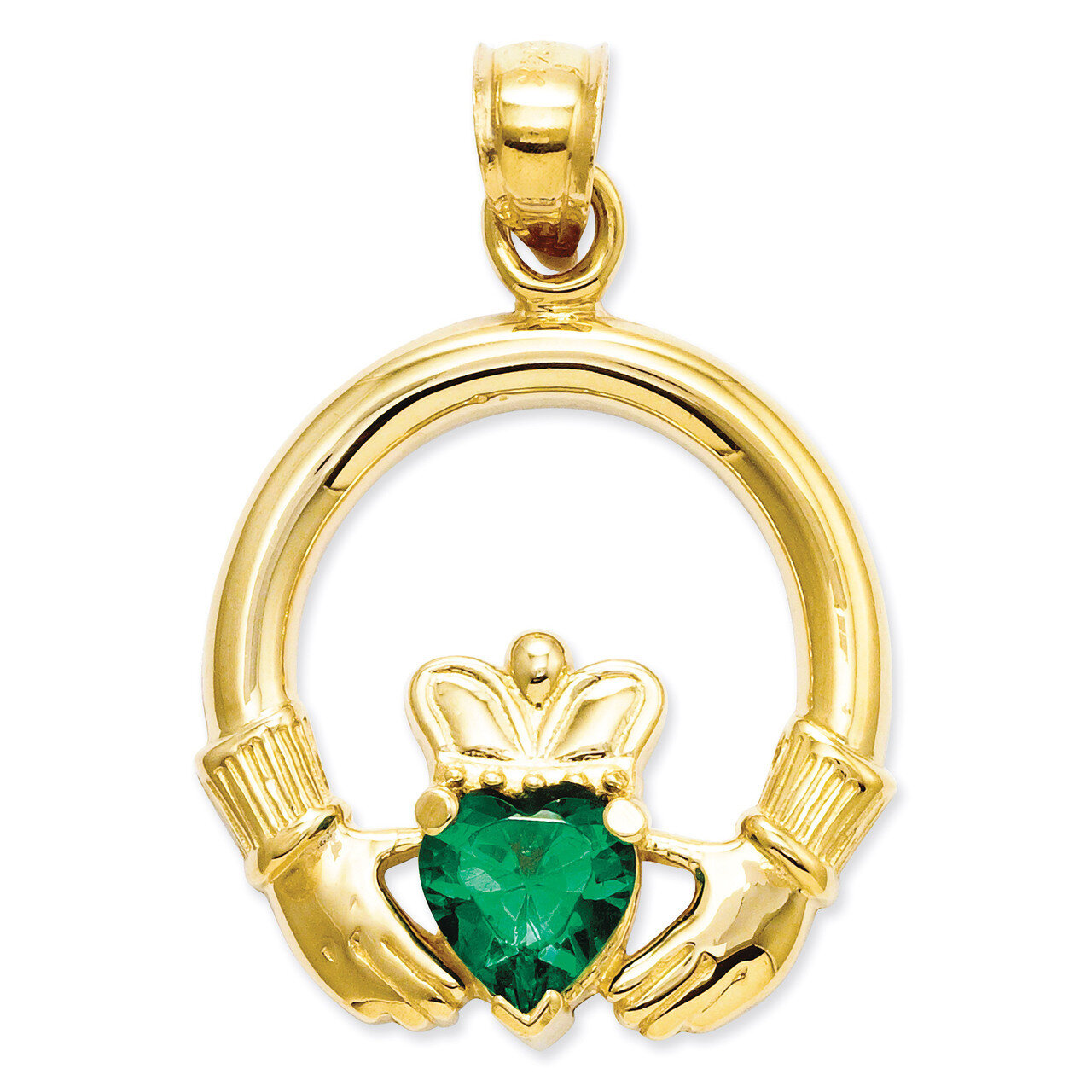 Claddagh with Synthetic Green Stone Pendant 14k Gold D659